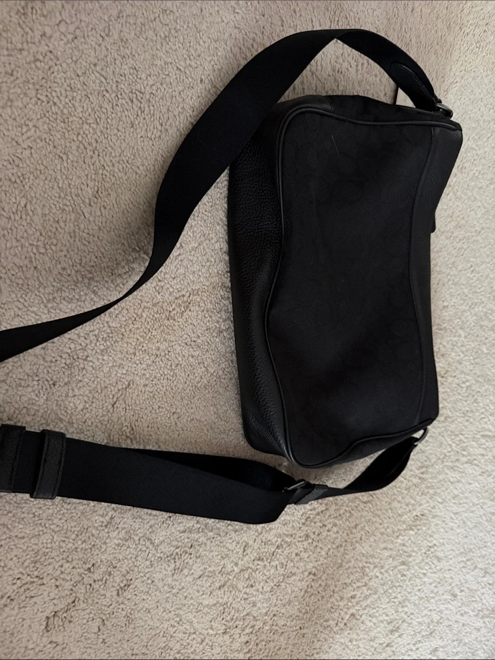 Coach Black Messenger Bag with Tan and White Stripes
